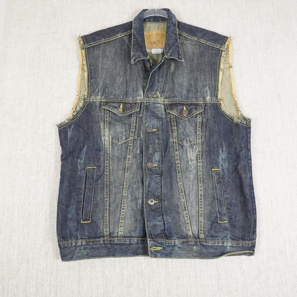 Ecko Mens Acid Wash Denim Vest Mens Size Large Sleeveless Jacket Distressed VTG